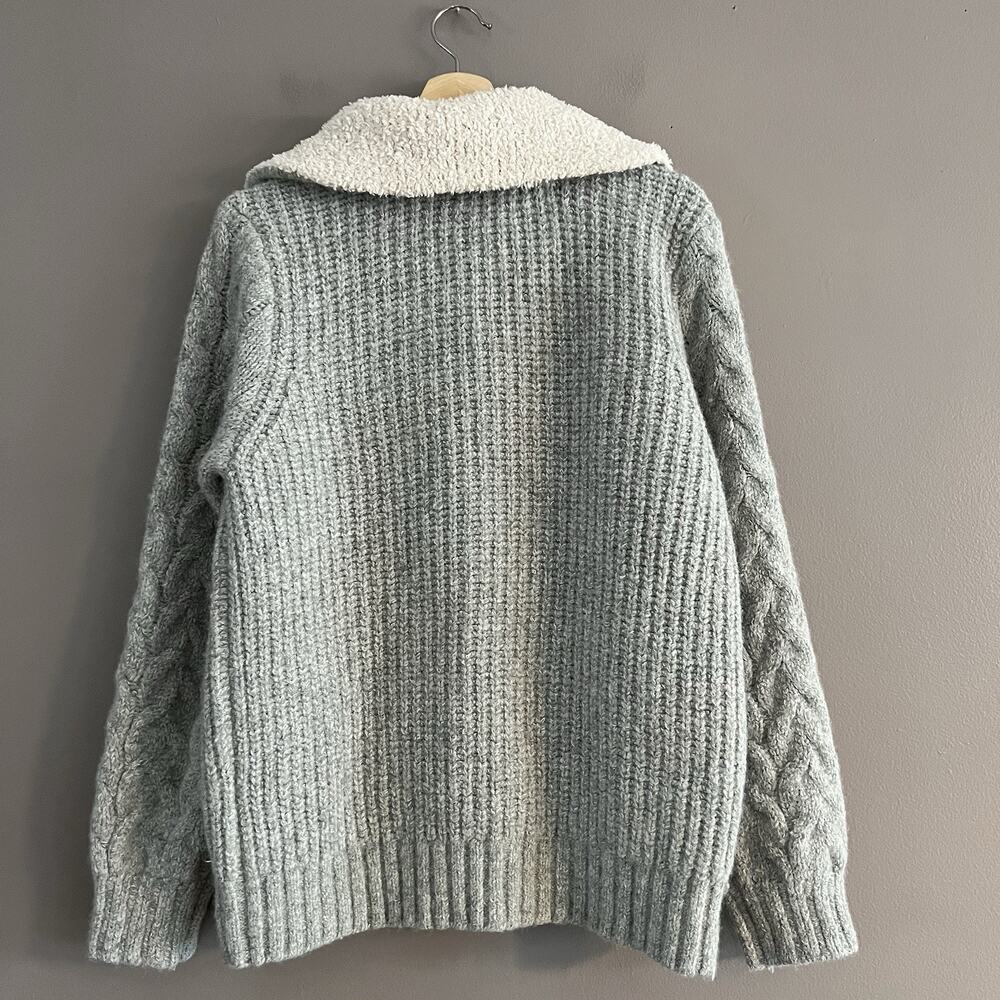Lucky Brand Cable Knit Cardigan Sweater Wool Blend Chunky V-neck Pockets Gray M - Picture 2 of 16